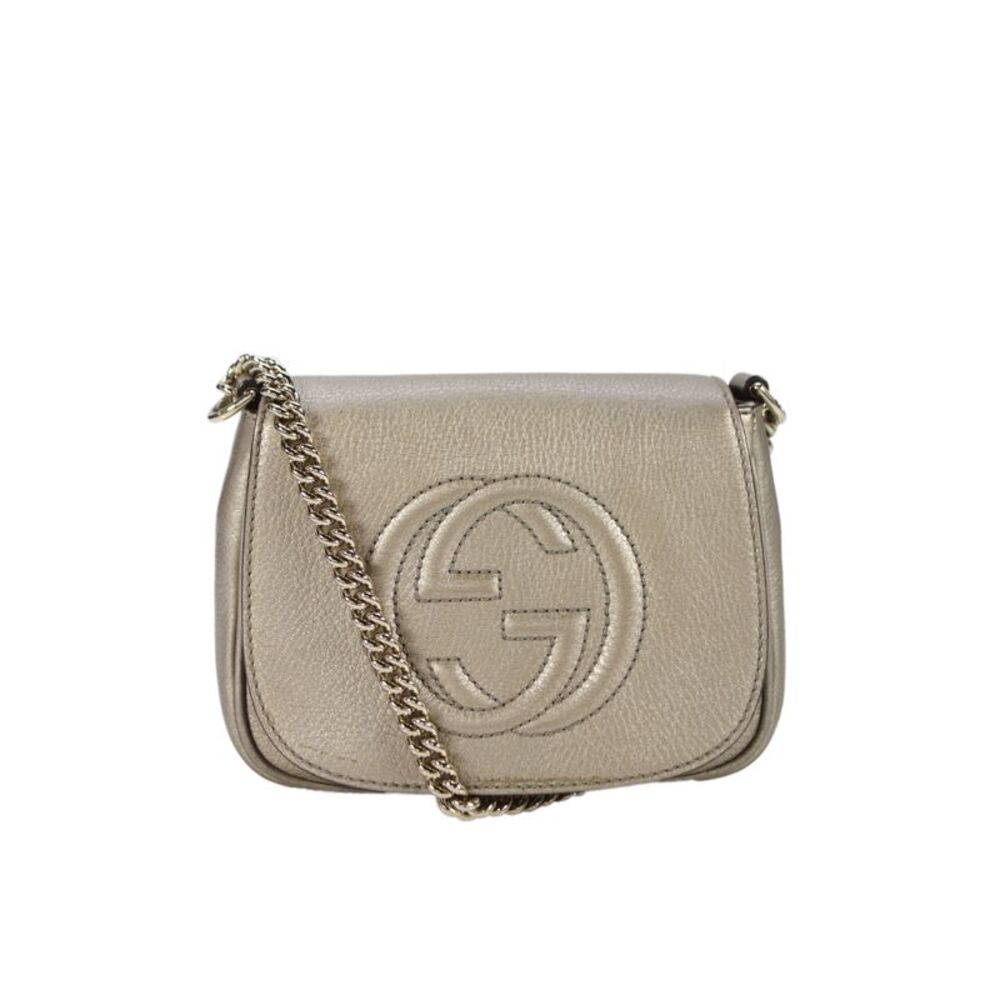 Gucci Womens Leather Logo Flap Crossbody Shoulder Handbag Beige